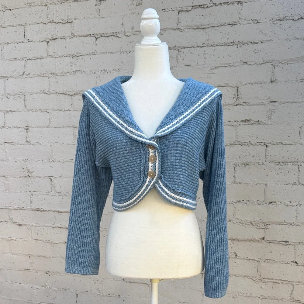 Maeve by Anthropologie Curved-Hem Sailor Collar Cardigan Blue Size M - Picture 4 of 13